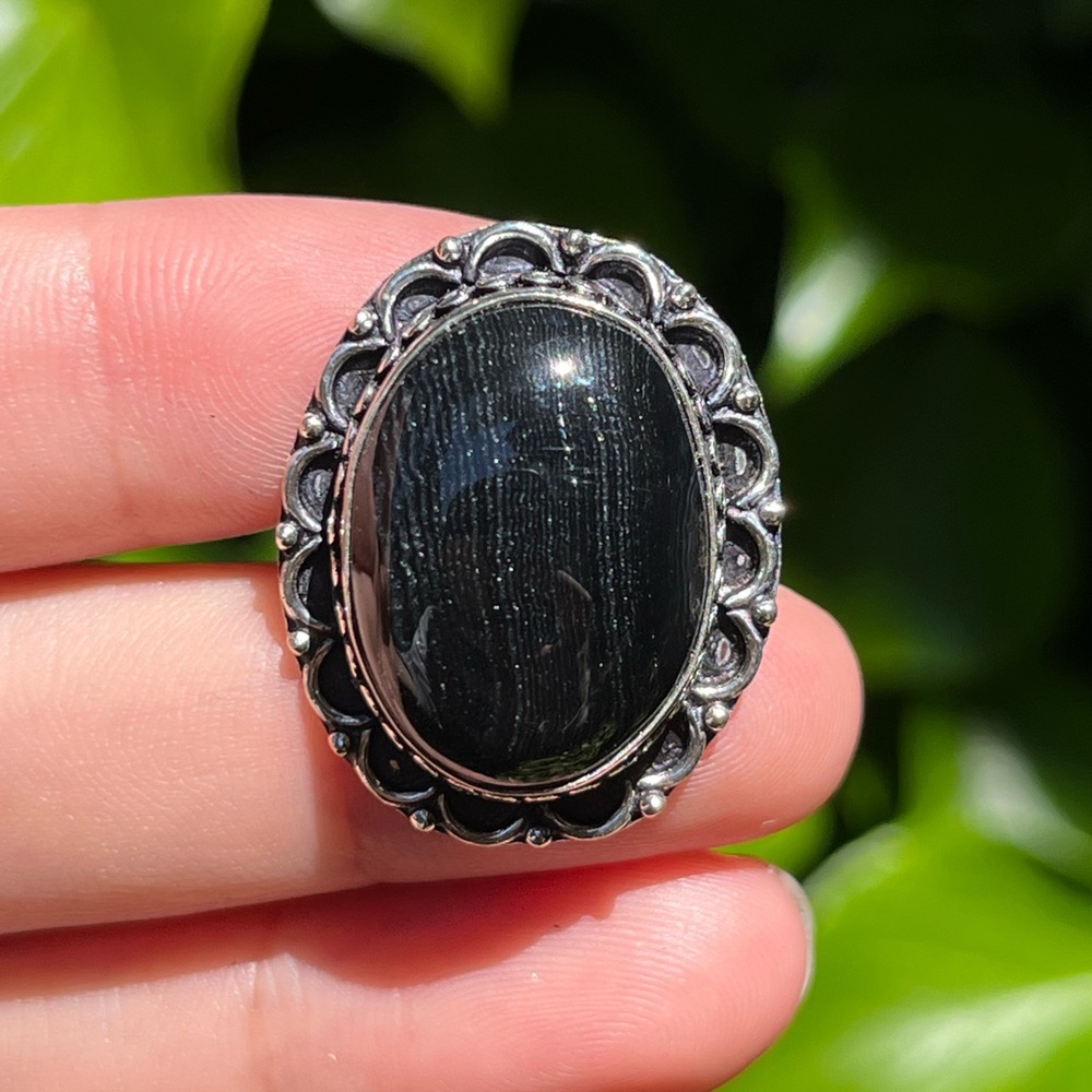 Size 6 925 silver plated black obsidian ring‎